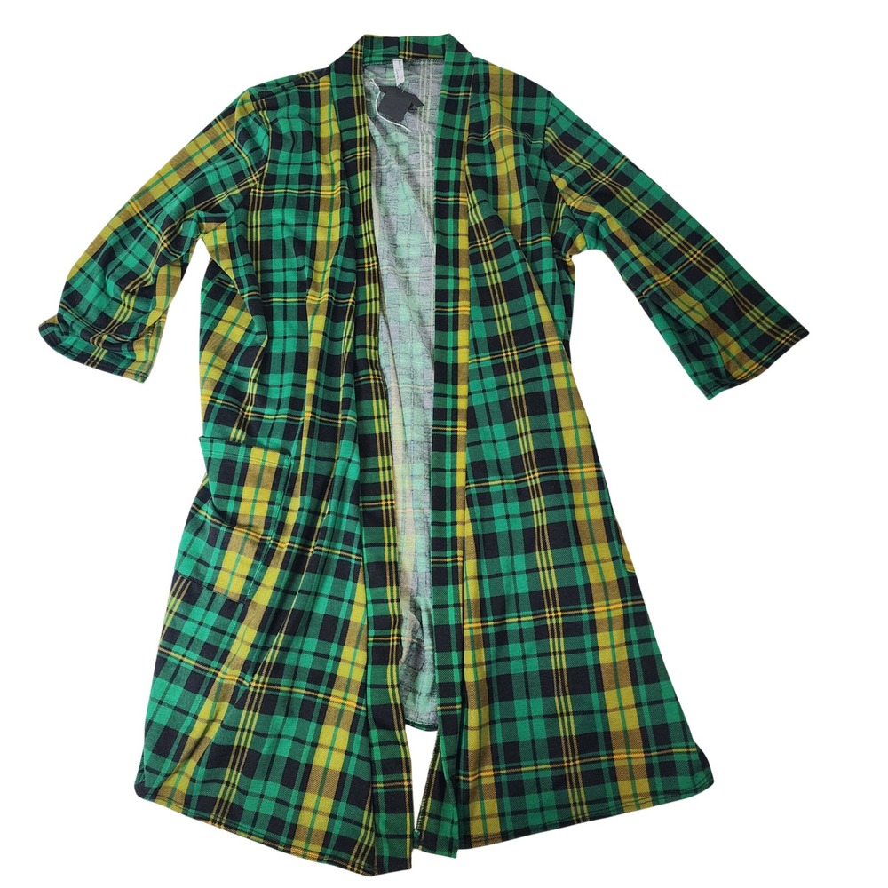 American Curvy Green Yellow Plaid Open Front Duster Cardigan Pockets 3X NEW